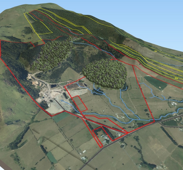 A 3D visualisation scene of an area provided as an app for use on non-connected devices. This enables your decision advantage for whenua land.