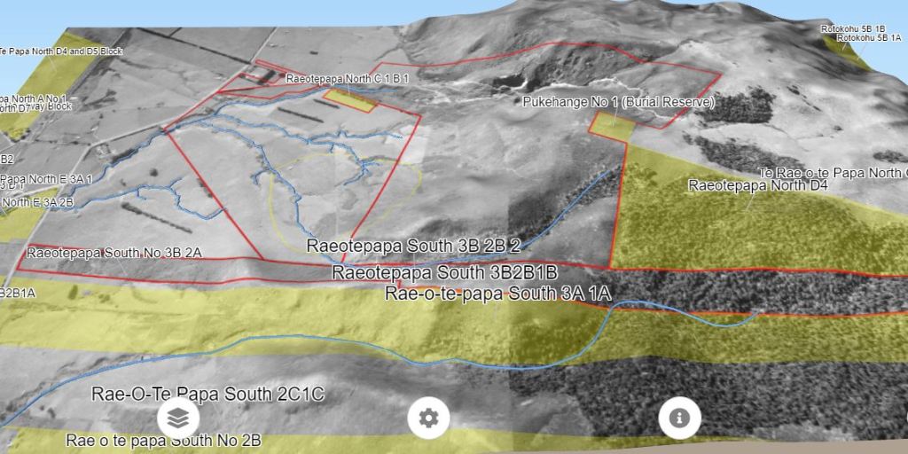 Visualisation of land titles from a stand-alone app generated by GMAPSNZ, draped in a 3D rendering over historical imagery; the 3D terrain having been generated from the photogrammetric processes which produced the imagery.